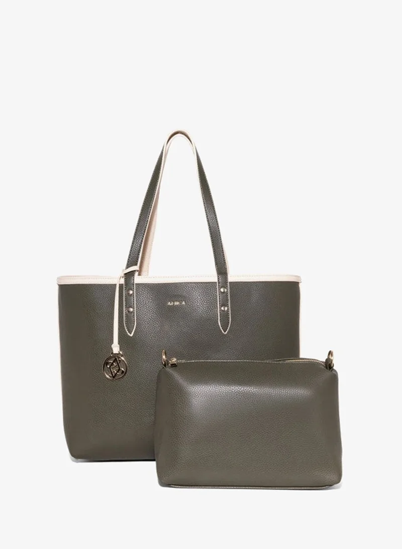 أميكا AMICA Léonie Reversible Tote Bag in Soft Leather with Pouch in Beige & Olive Green
