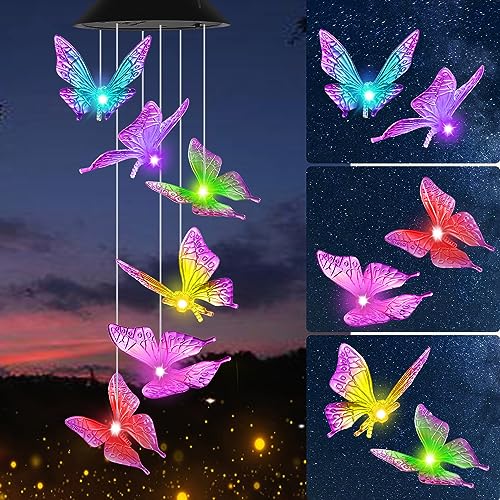HiSolar Purple Butterfly Solar Wind Chimes Outdoor Color Changing Solar Lights Garden Decor Best Gifts for Mom Decorations Mobile Windchimes Unique Chiristmas Gifts - Image 1
