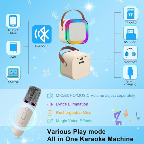 Magicwand® K12【Pack of 2 Speakers USB-C-Charging 1 Mic】 Kids Karaoke Microphone Wireless Bluetooth Speaker with RGB LED Lighting for Kids【Blue & Pink】 - Image 4