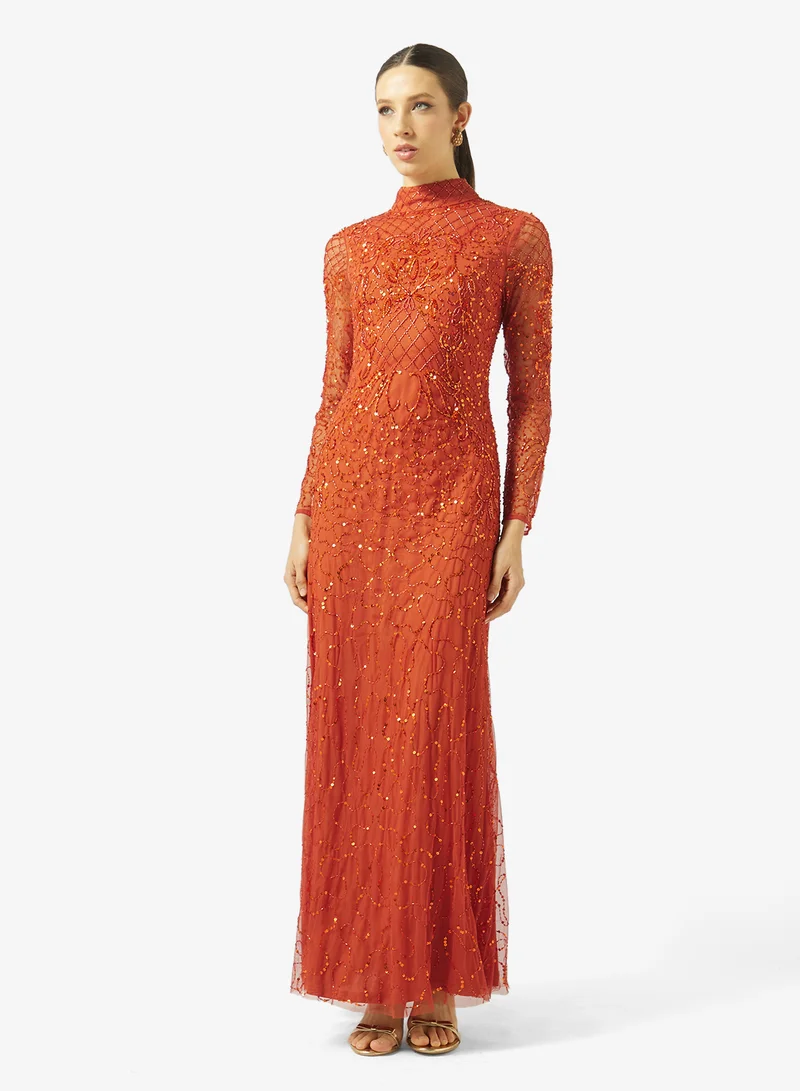 Amelia Rose high neck mesh detailed maxi dress