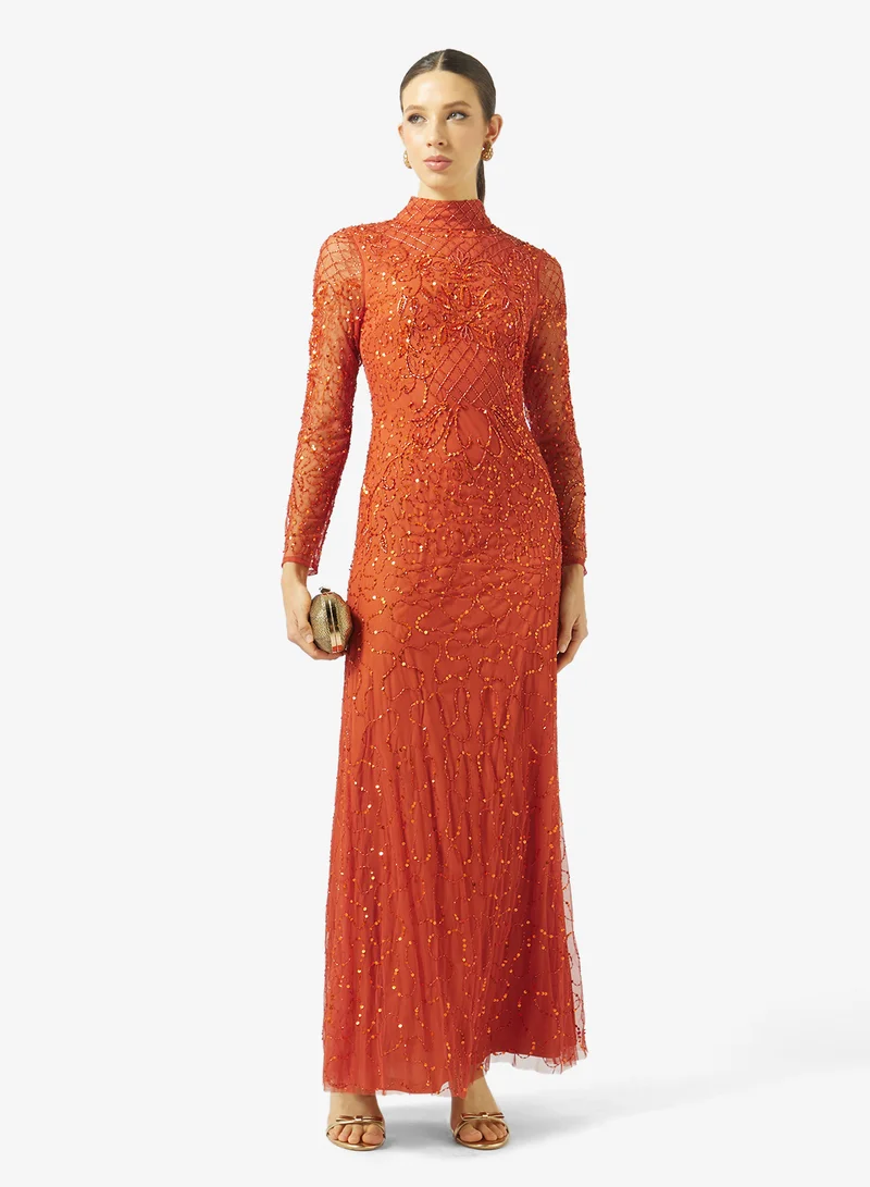 Amelia Rose  high neck mesh detailed maxi dress for Women | Best Price UAE