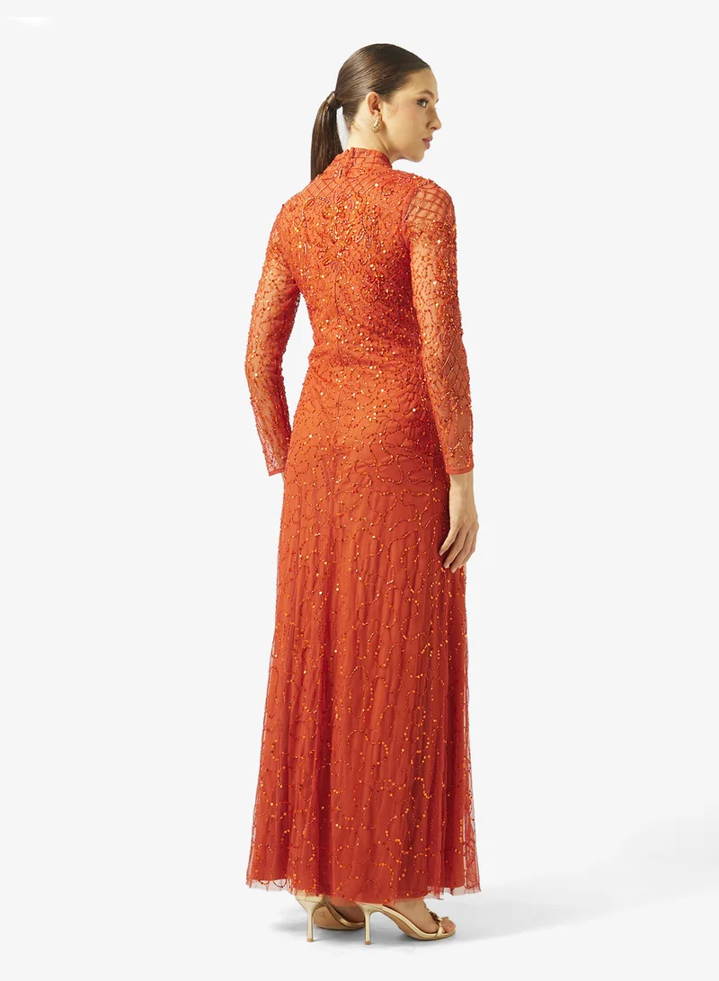 Amelia Rose high neck mesh detailed maxi dress