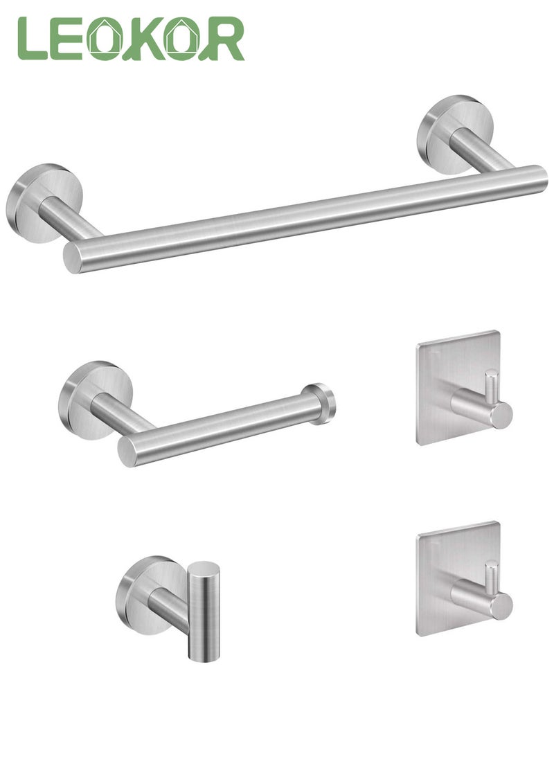 LEOKOR 5PCS Bathroom Hardware Set, Stainless Steel Bathroom Accessories Towel Holders Kit, Mounted with 16" Towel Bar, 6.2" Toilet Paper Holder, Robe Towel Hook and 2 Self-adhesive Hooks (Silver)  - Image 1