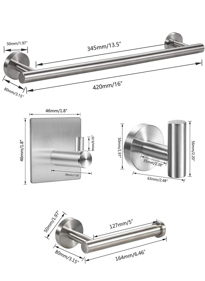 5PCS Bathroom Hardware Set, Stainless Steel Bathroom Accessories Towel Holders Kit, Mounted with 16" Towel Bar, 6.2" Toilet Paper Holder, Robe Towel Hook and 2 Self-adhesive Hooks (Silver)