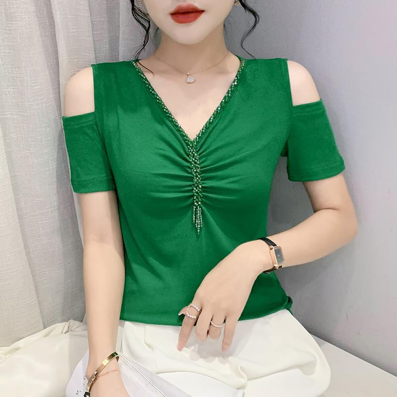 2022 new spring V-neck fashionable slim-fit pleated stitching off-shoulder handmade beaded short-sleeved T-shirt for women - Image 4