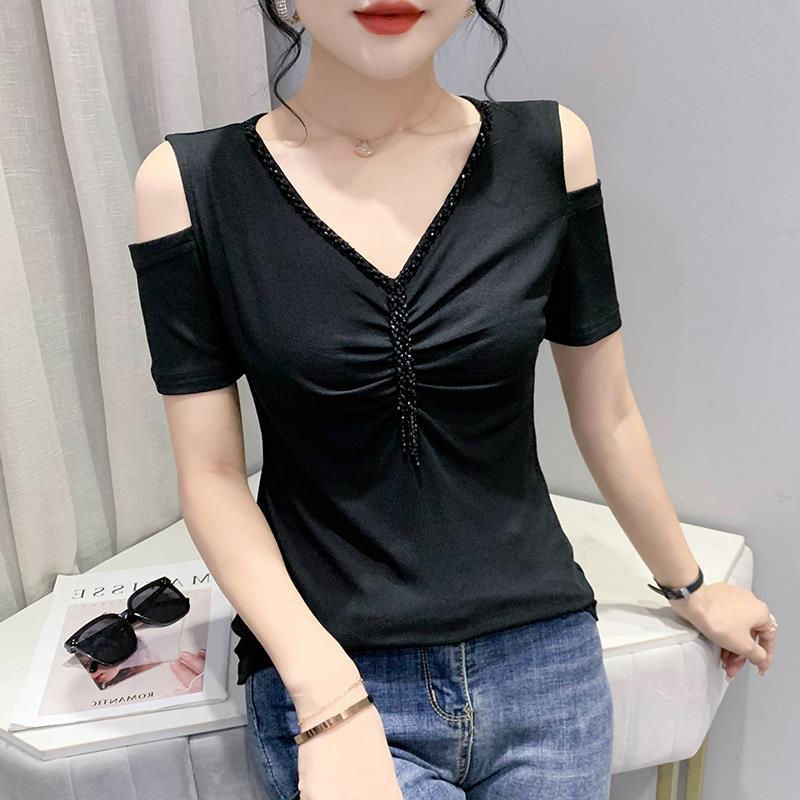 2022 new spring V-neck fashionable slim-fit pleated stitching off-shoulder handmade beaded short-sleeved T-shirt for women - Image 1