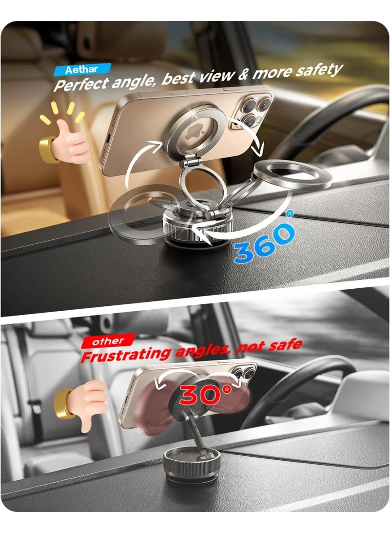Aethar Metal 360° Adjustable Vacuum Suction Cup Phone Holder, Car Magnetic Phone Holder, Mirro Gym Bathtub Shower Suction Powerful, Foldable Portable iPhone Holder Magsafe Car Mount. - Image 2