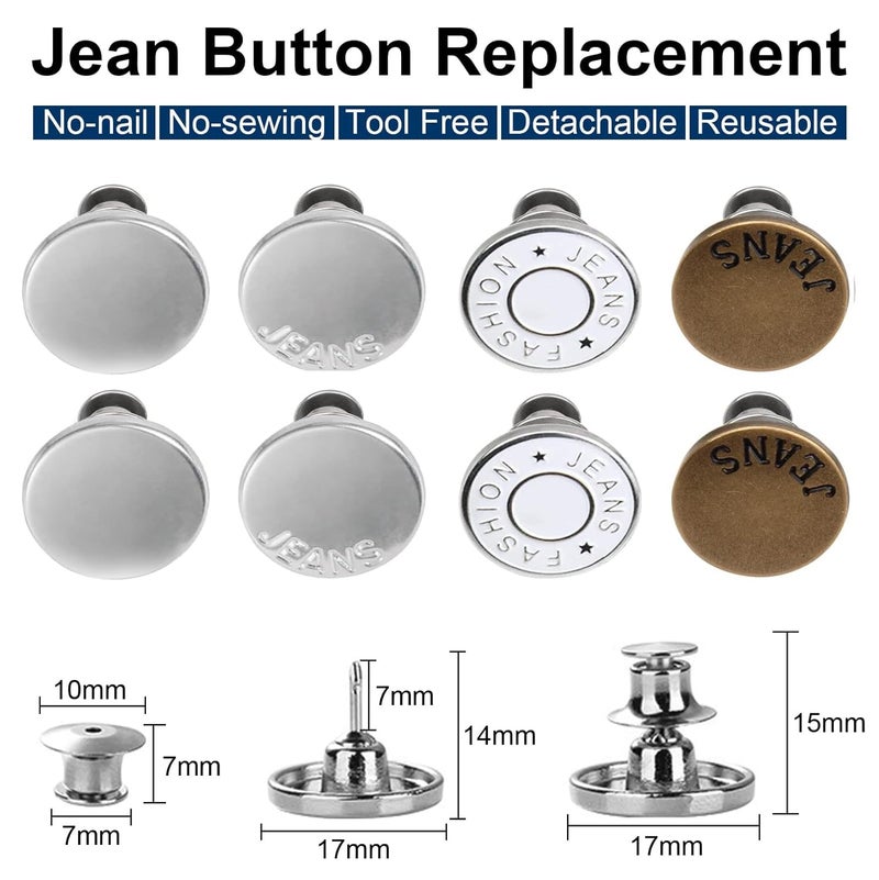 TOOVREN Upgraded 8 Sets Button Pins for Jeans Pants, No Sew Perfect Fit Jean Button Tightener Replacement Adjustable Reusable Metal Clips Snap Tack, Instant Reduce Too Big Pants Waist - Image 3