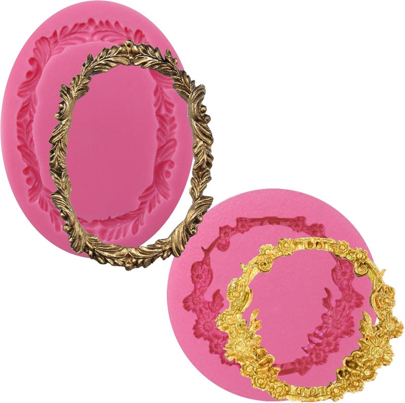 FUNSHOWCASE Round and Oval Floral Acanthus Picture Frame Fondant Silicone Mold for Sugarcraft, Resin Epoxy, Polymer Clay Crafting Projects 2-Count - Image 1