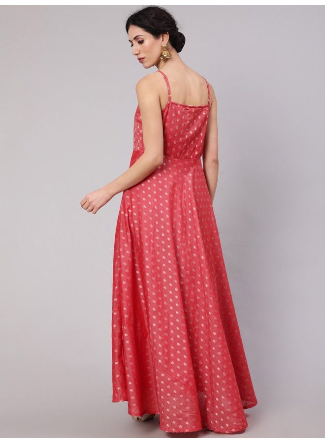 AKS Red Woven Design Flared Maxi Dress  - Image 4
