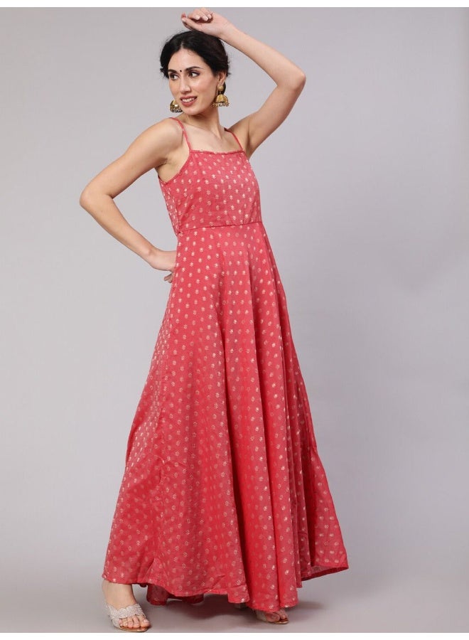 AKS Red Woven Design Flared Maxi Dress  - Image 3