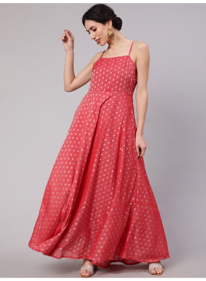 AKS Red Woven Design Flared Maxi Dress  - Image 1