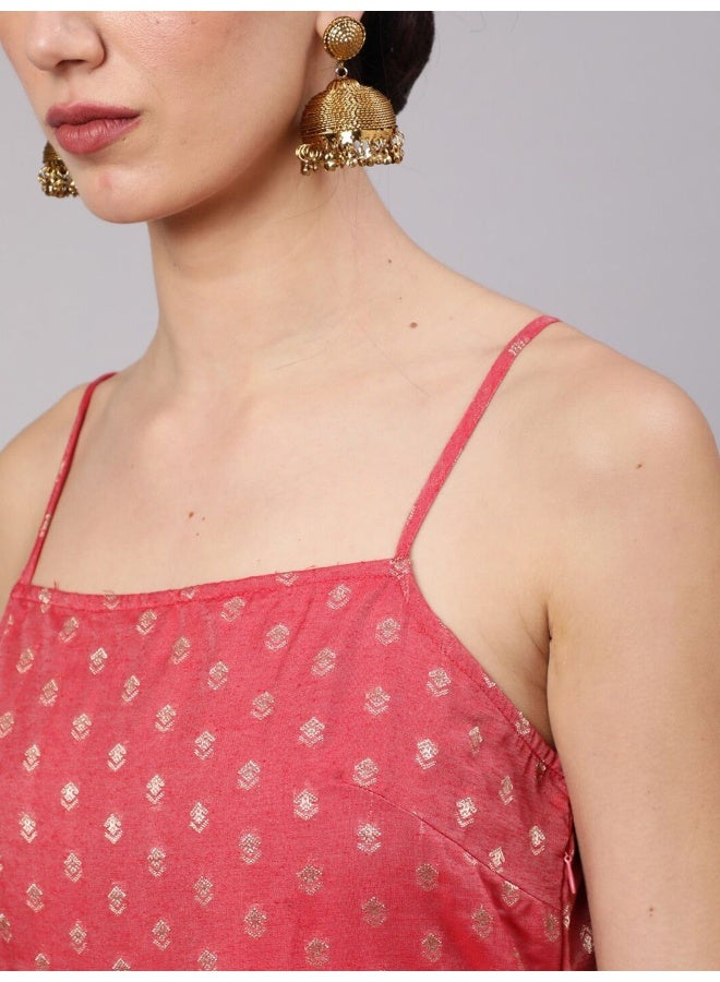 AKS Red Woven Design Flared Maxi Dress  - Image 2