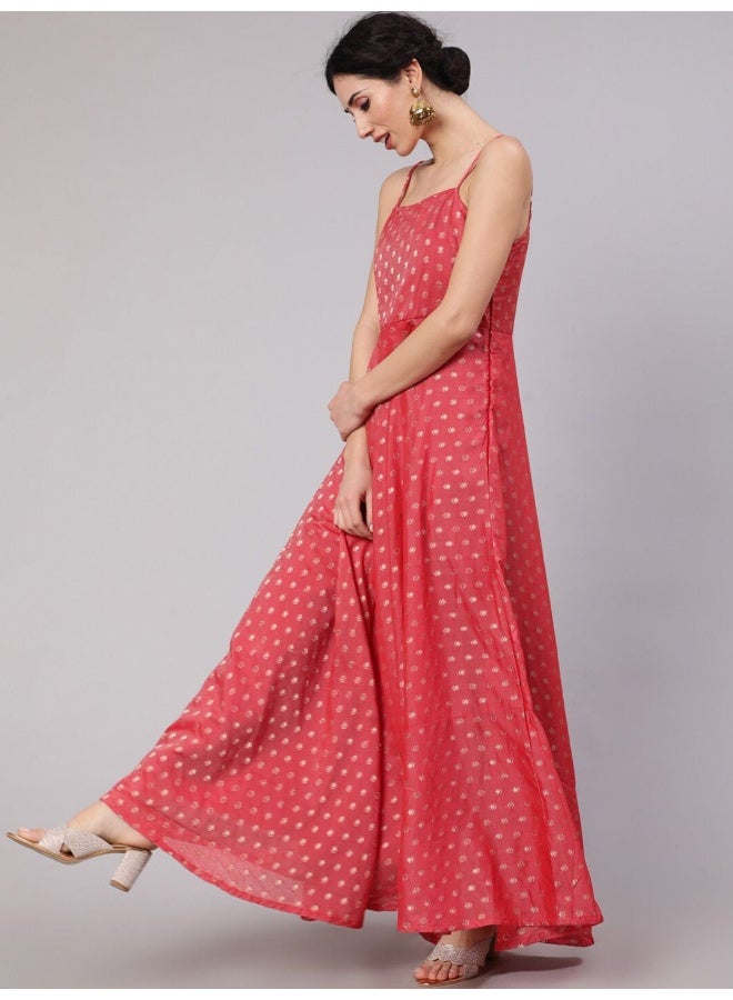AKS Red Woven Design Flared Maxi Dress  - Image 5