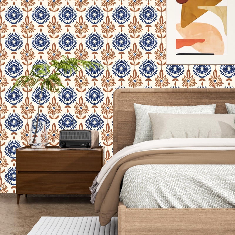 BOKEBEVE Floral Contact Paper Boho Symmetry Wallpaper Peel and Stick Removable Wall Paper for Drawer Accent Wall Cabinet Bedroom Renter Friendly Beige Brown Blue 17.5 x 118In - Image 2