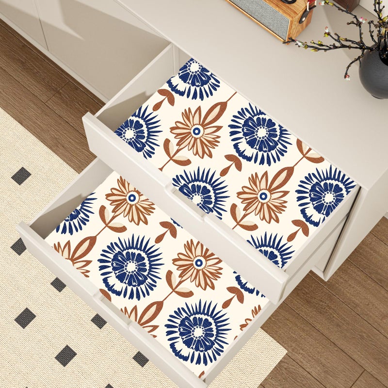 BOKEBEVE Floral Contact Paper Boho Symmetry Wallpaper Peel and Stick Removable Wall Paper for Drawer Accent Wall Cabinet Bedroom Renter Friendly Beige Brown Blue 17.5 x 118In - Image 5