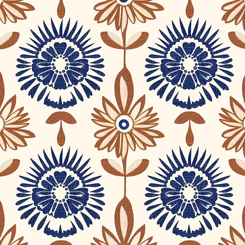 BOKEBEVE Floral Contact Paper Boho Symmetry Wallpaper Peel and Stick Removable Wall Paper for Drawer Accent Wall Cabinet Bedroom Renter Friendly Beige Brown Blue 17.5 x 118In - Image 1