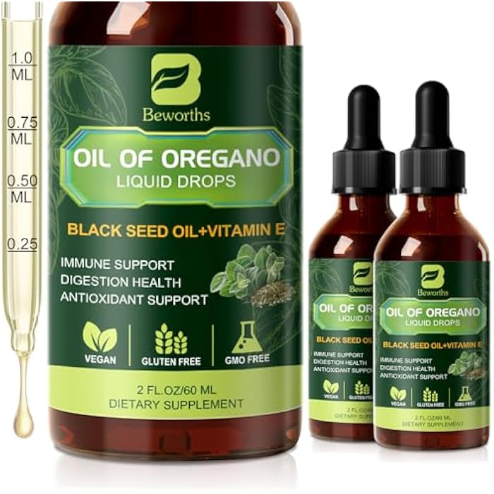 B BEWORTHS B BEWOTHS 2PACK Oregano Oil Drops, Oil of Oregano with Black Seed Oil, Vitamin E, Carvacrol Oregano Liquid Herbal Blend for Immune, Antioxidant, Digestive Gut Cleanser, Kidney Health Support - 4 Fl Oz - Image 1