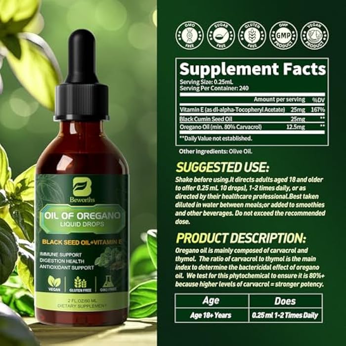 B BEWORTHS B BEWOTHS 2PACK Oregano Oil Drops, Oil of Oregano with Black Seed Oil, Vitamin E, Carvacrol Oregano Liquid Herbal Blend for Immune, Antioxidant, Digestive Gut Cleanser, Kidney Health Support - 4 Fl Oz - Image 2