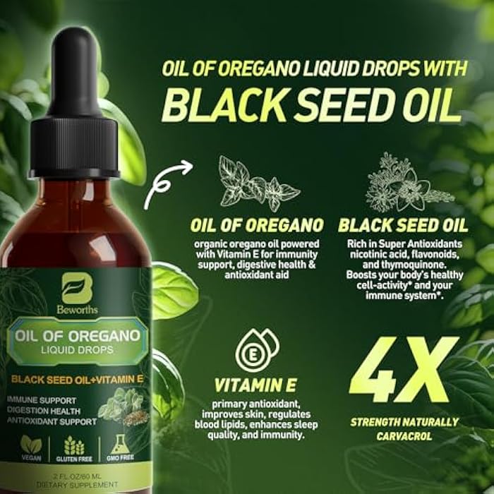 B BEWORTHS B BEWOTHS 2PACK Oregano Oil Drops, Oil of Oregano with Black Seed Oil, Vitamin E, Carvacrol Oregano Liquid Herbal Blend for Immune, Antioxidant, Digestive Gut Cleanser, Kidney Health Support - 4 Fl Oz - Image 3