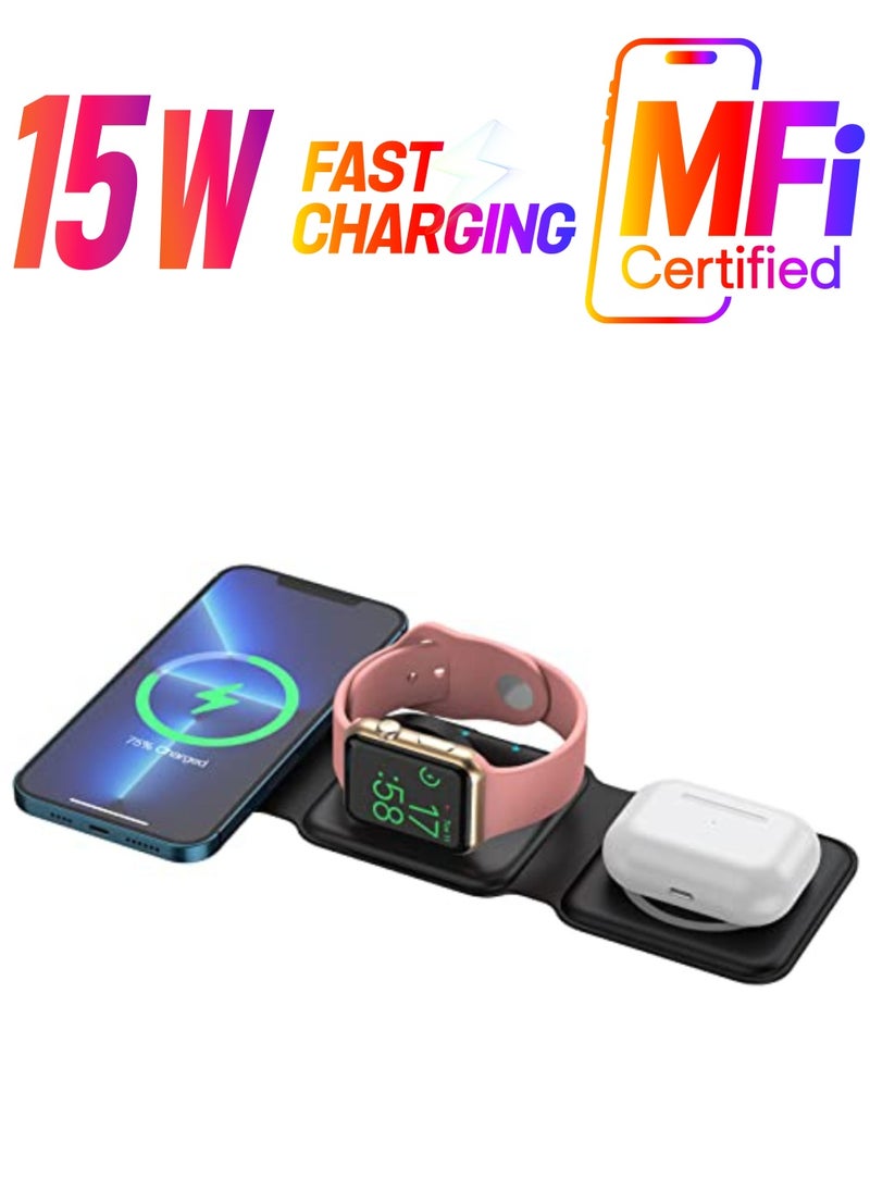 XVersion 3-in-1 Foldable Wireless Charging Pad | Magnetic Fast Charger for iPhone, Galaxy, Earbuds & Smartwatch – Black  - Image 1