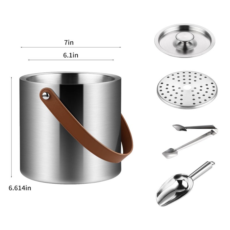 Bakpoco Double-Wall Vacuum Insulated Ice Bucket with Lid, Scoop, Ice Tong, Strainer & Leather Handle Keep Ice Frozen Longer Large Wine Ice Buckets for Cocktail Bar,Parties Chilling Beer Champagne 3L - Image 3