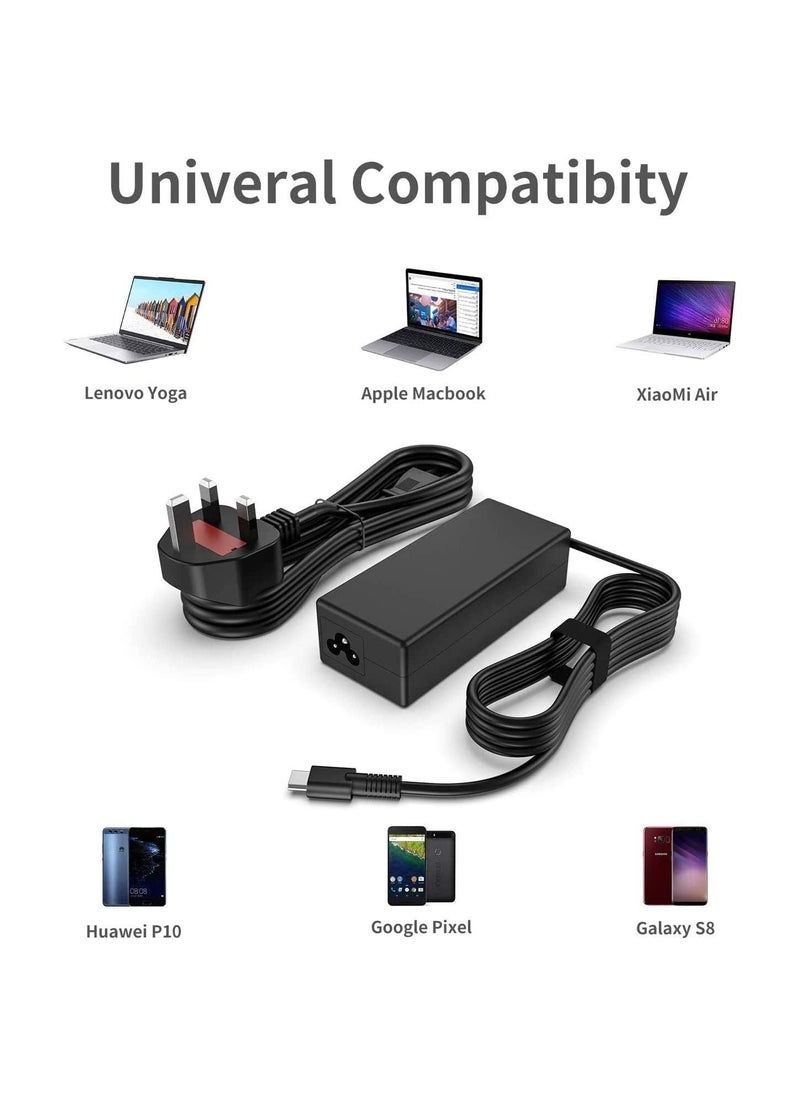 Generic - USB-C/Type C Charger Power Adapter 65W for HP Spectre Pro X360 G2 X2,Envy 13 15 17 X360,EliteBook X360 1020 1030 1040 745 830 840 G2 G5 G4 G6 G7,Chromebook 11 14 14A G5 G6 With UK Extension Cable - Image 1