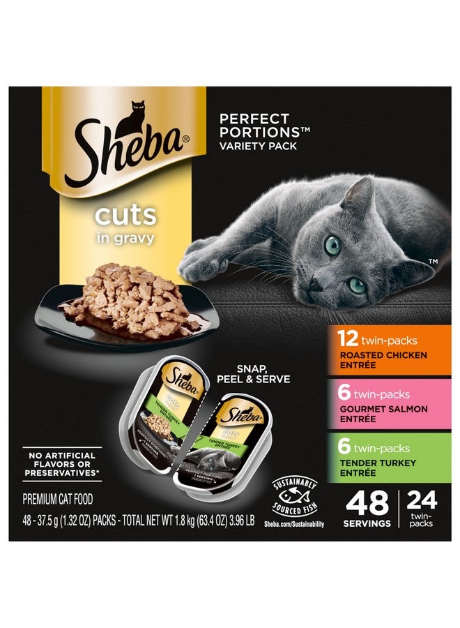 شيبا مجموعة متنوعة من أطباق طعام القطط الرطبة Perfect Portions Cuts In Gravy، دجاج مشوي، سلمون شهي وديك رومي طري، عبوة مزدوجة سهلة التقشير، 1.32 أونصة (عبوة من 48 قطعة) - Image 1