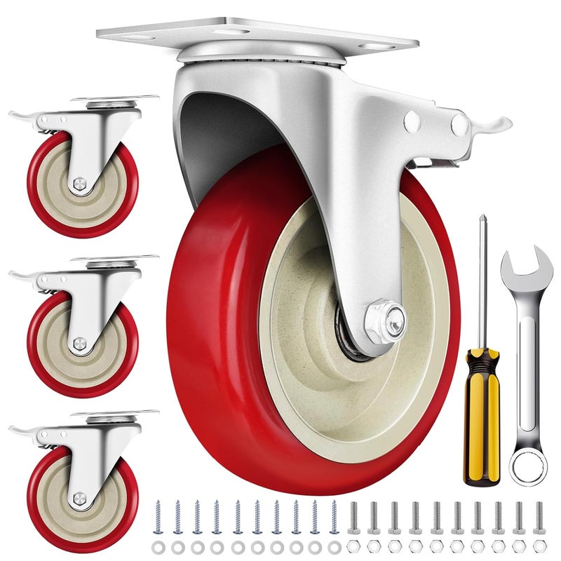 PUIPUM 5 Inch Heavy Duty Caster Set of 4 Swivel Castor Wheels with Dual Locking Brakes Silent Polyurethane PU Wheels 360 Rotation for Furniture and Workbench Load 2800lbs