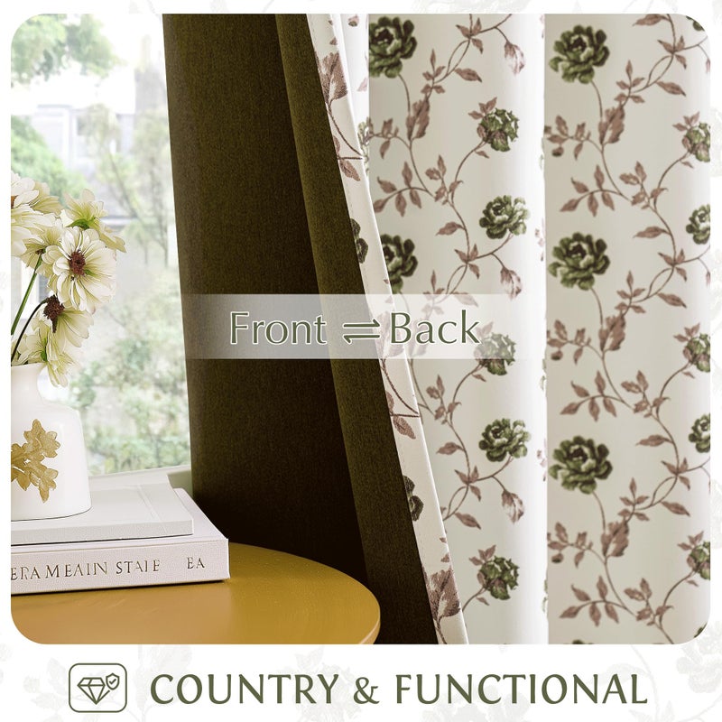 Beauoop Floral 100% Blackout Curtains 84 Inches Long 2 Panels for Bedroom Living Room Green Brown on Beige Vintage Rose Flower Patterned Room Darkening Thermal Soundproof Grommet Window Drapes, 52X84 - Image 3