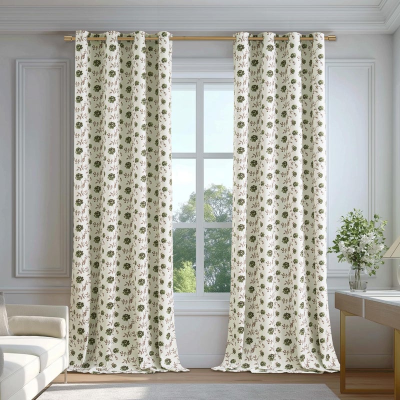 Beauoop Floral 100% Blackout Curtains 84 Inches Long 2 Panels for Bedroom Living Room Green Brown on Beige Vintage Rose Flower Patterned Room Darkening Thermal Soundproof Grommet Window Drapes, 52X84 - Image 4