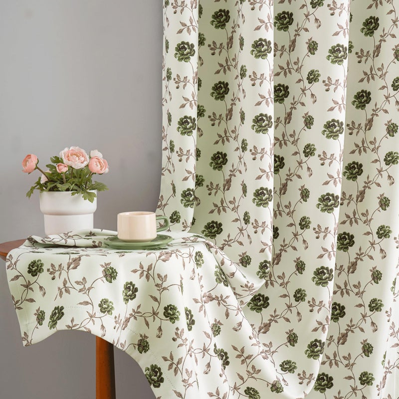 Beauoop Floral 100% Blackout Curtains 84 Inches Long 2 Panels for Bedroom Living Room Green Brown on Beige Vintage Rose Flower Patterned Room Darkening Thermal Soundproof Grommet Window Drapes, 52X84 - Image 5