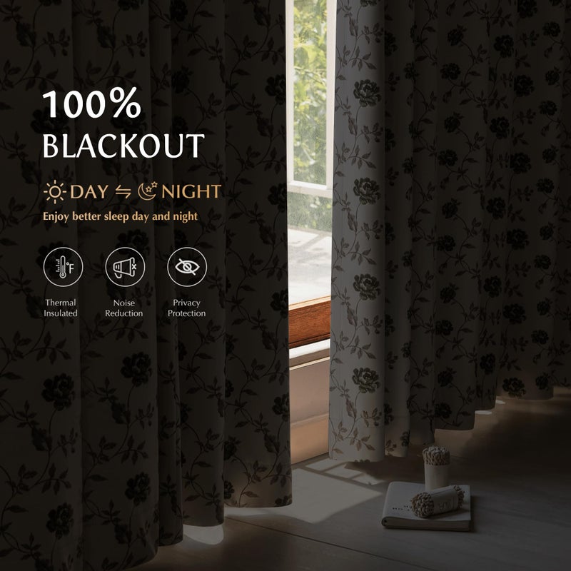 Beauoop Floral 100% Blackout Curtains 84 Inches Long 2 Panels for Bedroom Living Room Green Brown on Beige Vintage Rose Flower Patterned Room Darkening Thermal Soundproof Grommet Window Drapes, 52X84 - Image 2