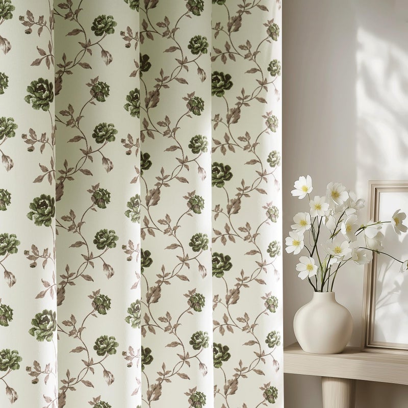 Beauoop Floral 100% Blackout Curtains 84 Inches Long 2 Panels for Bedroom Living Room Green Brown on Beige Vintage Rose Flower Patterned Room Darkening Thermal Soundproof Grommet Window Drapes, 52X84 - Image 1