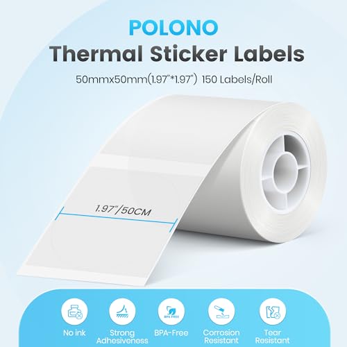 POLONO Thermal Labels for PM220S Label Maker, 1.97"x1.97" (50x50mm), Multi-Purpose Thermal Sticker Label Tape, Self-Adhesive Thermal Paper for Home, Office, 150 Labels/1Roll, Clear - Image 2