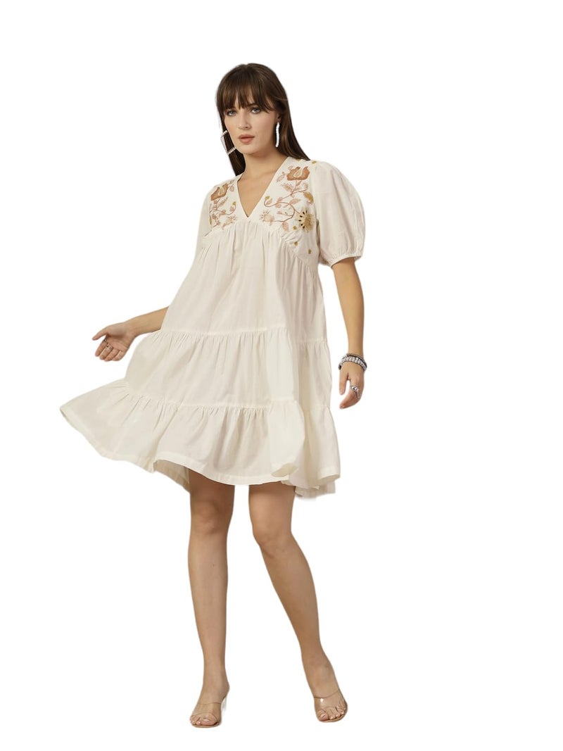 Stylum Women's Cream Solid & Embroidered Cotton Flared Dress - Image 1