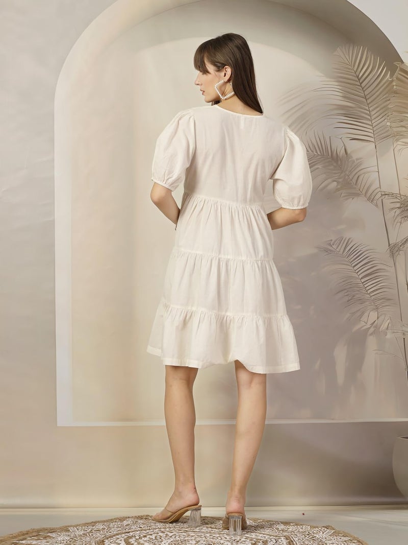 Stylum Women's Cream Solid & Embroidered Cotton Flared Dress - Image 2