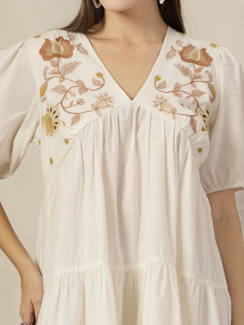 Stylum Women's Cream Solid & Embroidered Cotton Flared Dress - Image 3