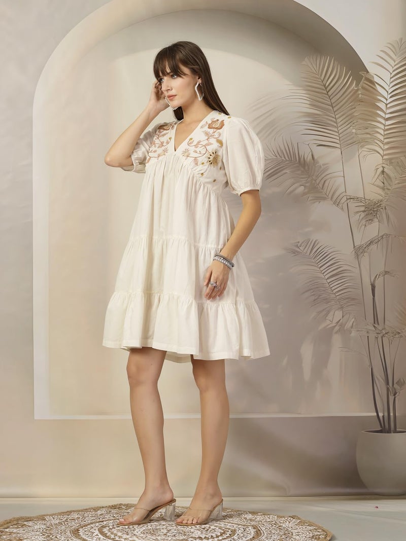 Stylum Women's Cream Solid & Embroidered Cotton Flared Dress - Image 5