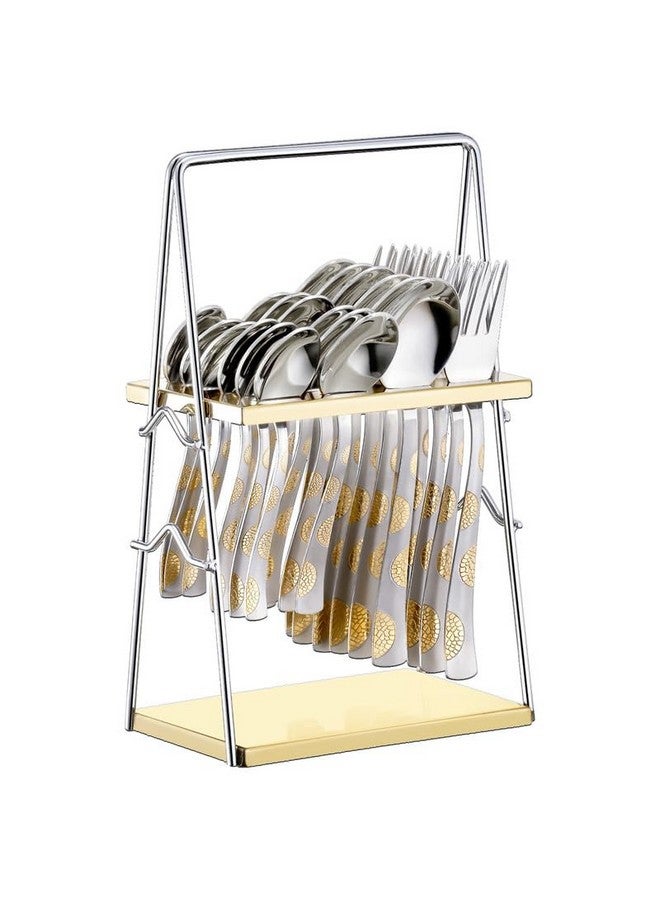Parage Parage 25 Pieces 24k Golden Stainless Steel Cutlery Set with Stand for Home & Kitchen(6 Pcs Each Table Spoons, Forks, Dinner Spoons, Tea Spoons, 1 Pc Cutlery Stand) 24 Karat Gold Plated Set (Regal) - Image 1