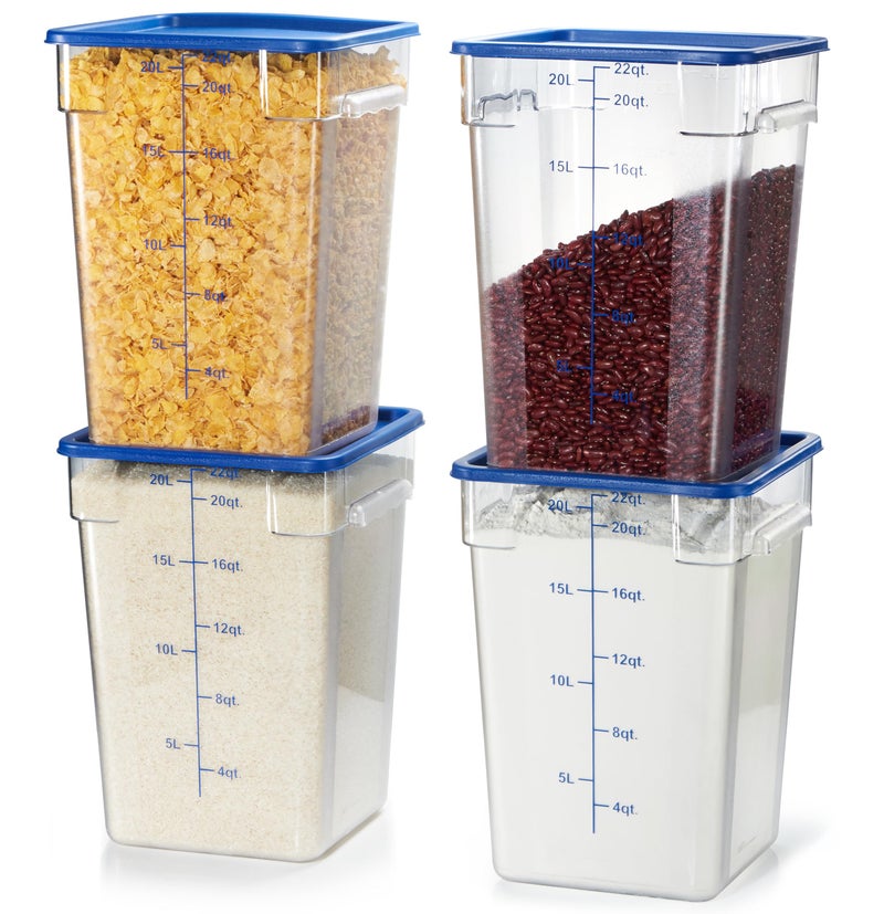 CURTA 4 Pack Food Storage Containers with Blue Lids NSF Listed Commercial Grade in 220 Qt Square Clear Polycarbonate