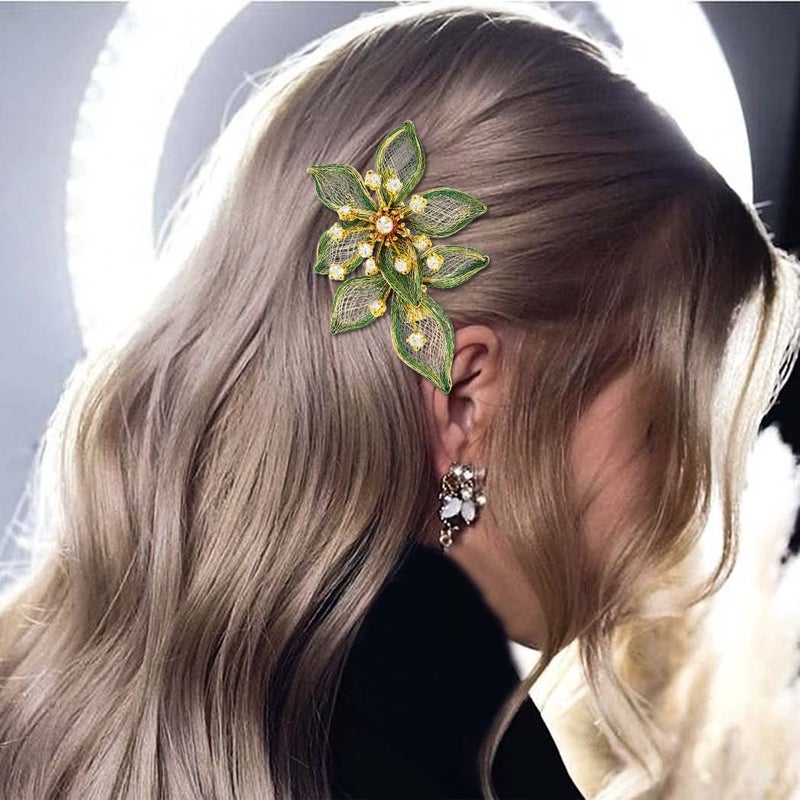 Casdre Flower Bridal Hair Clip Rhinestone Bride Wedding Hair Piece Crystal Hair Barratte Evening Party Hair Accessories for Women and Girls(B Green) - Image 5