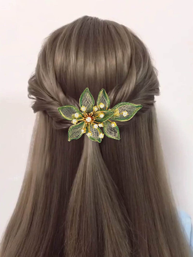 Casdre Flower Bridal Hair Clip Rhinestone Bride Wedding Hair Piece Crystal Hair Barratte Evening Party Hair Accessories for Women and Girls(B Green) - Image 2
