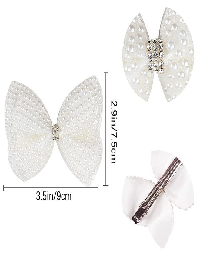 DINPREY 2Pcs Rhinestone Pearl Hair Bows for Toddler Kids Girls, White Double Layer Butterfly Floral Hair Bow Clip Hairpin Wedding Accessories for Women Girls Baby New Year Xmas Gifts (Bowknot) - Image 3