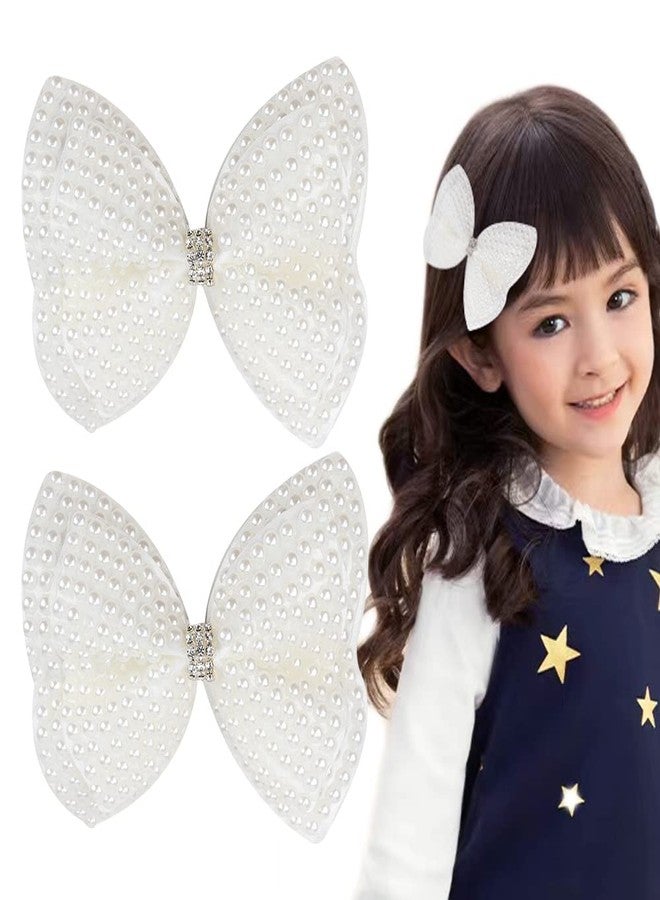 DINPREY 2Pcs Rhinestone Pearl Hair Bows for Toddler Kids Girls, White Double Layer Butterfly Floral Hair Bow Clip Hairpin Wedding Accessories for Women Girls Baby New Year Xmas Gifts (Bowknot) - Image 1