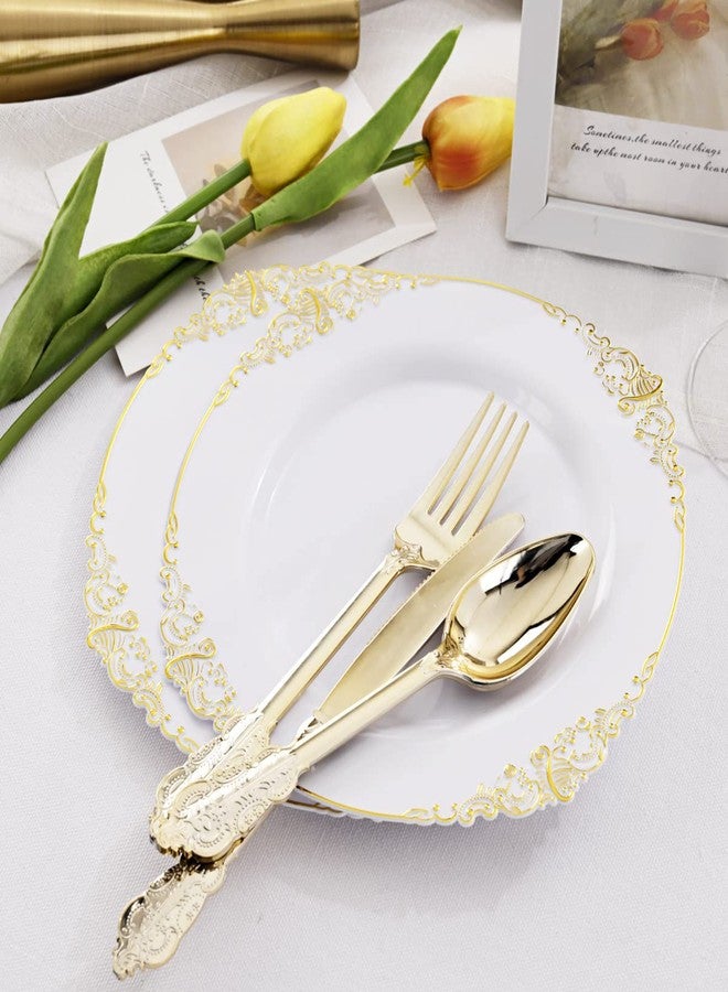 Liacere 50PCS Gold Plastic Plates - Disposable Dessert Plates - 7.5 Inch Gold and White Plates - Heavy Duty White and Gold Plastic Plates for Weddings & Parties & New Year & Fall Decor - Image 5