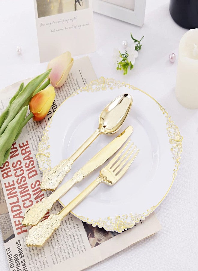 Liacere 50PCS Gold Plastic Plates - Disposable Dessert Plates - 7.5 Inch Gold and White Plates - Heavy Duty White and Gold Plastic Plates for Weddings & Parties & New Year & Fall Decor - Image 4