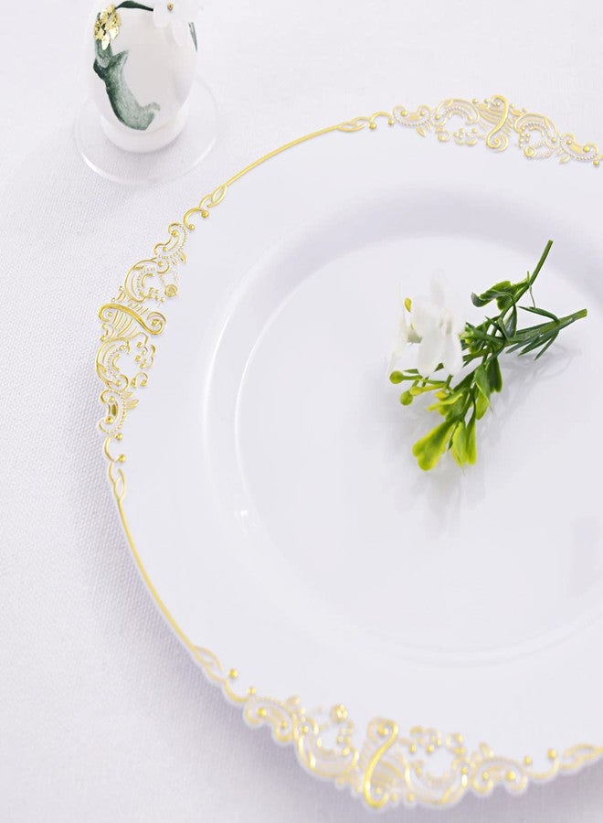 Liacere 50PCS Gold Plastic Plates - Disposable Dessert Plates - 7.5 Inch Gold and White Plates - Heavy Duty White and Gold Plastic Plates for Weddings & Parties & New Year & Fall Decor - Image 2
