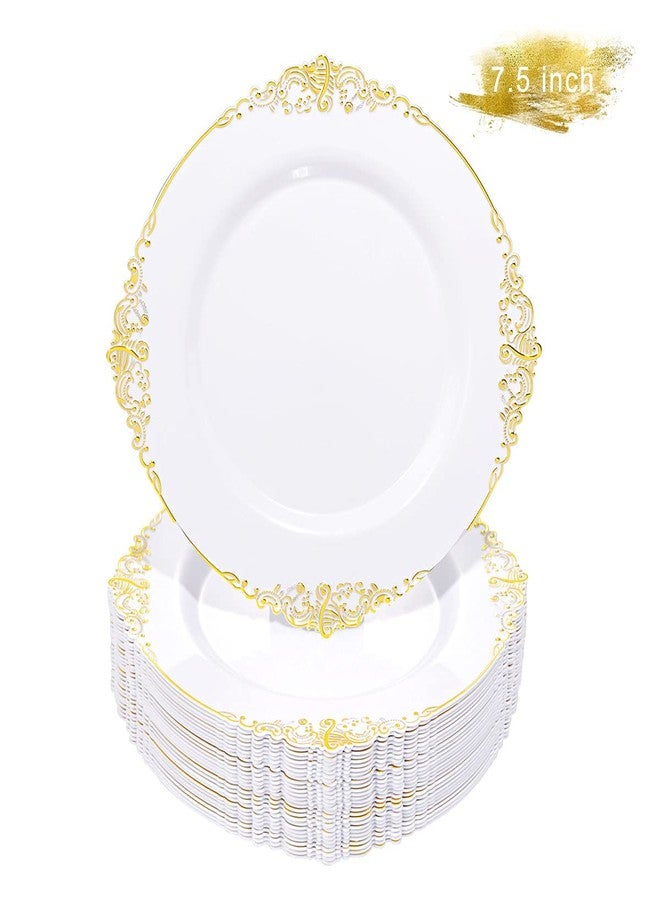 Liacere 50PCS Gold Plastic Plates - Disposable Dessert Plates - 7.5 Inch Gold and White Plates - Heavy Duty White and Gold Plastic Plates for Weddings & Parties & New Year & Fall Decor - Image 1
