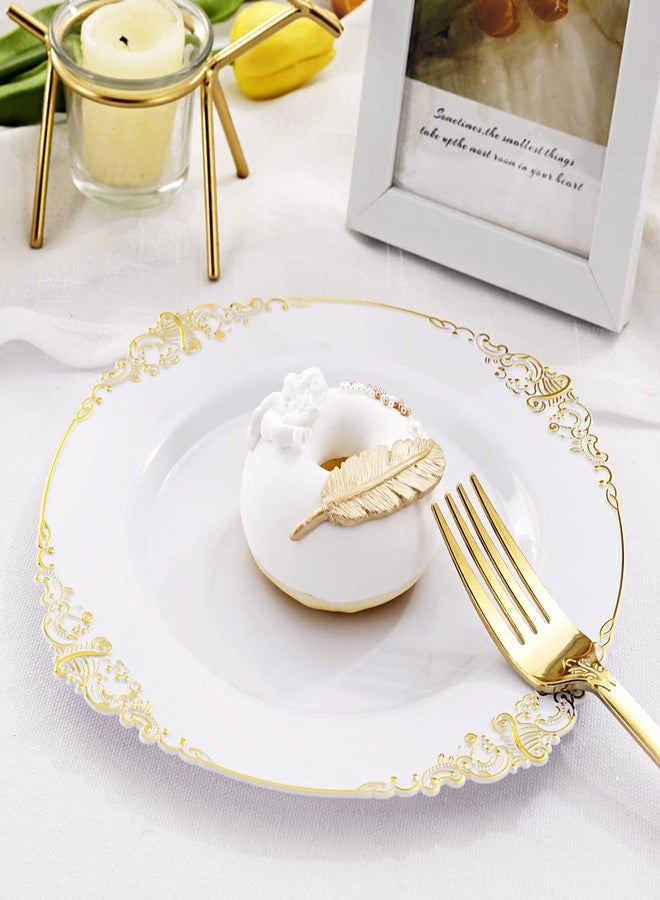 Liacere 50PCS Gold Plastic Plates - Disposable Dessert Plates - 7.5 Inch Gold and White Plates - Heavy Duty White and Gold Plastic Plates for Weddings & Parties & New Year & Fall Decor - Image 3